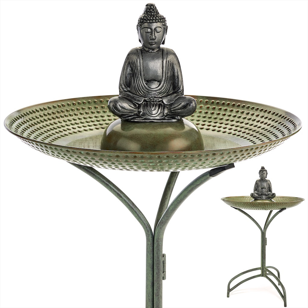 20-inch Blue Verde Copper Bird Bath with Buddha