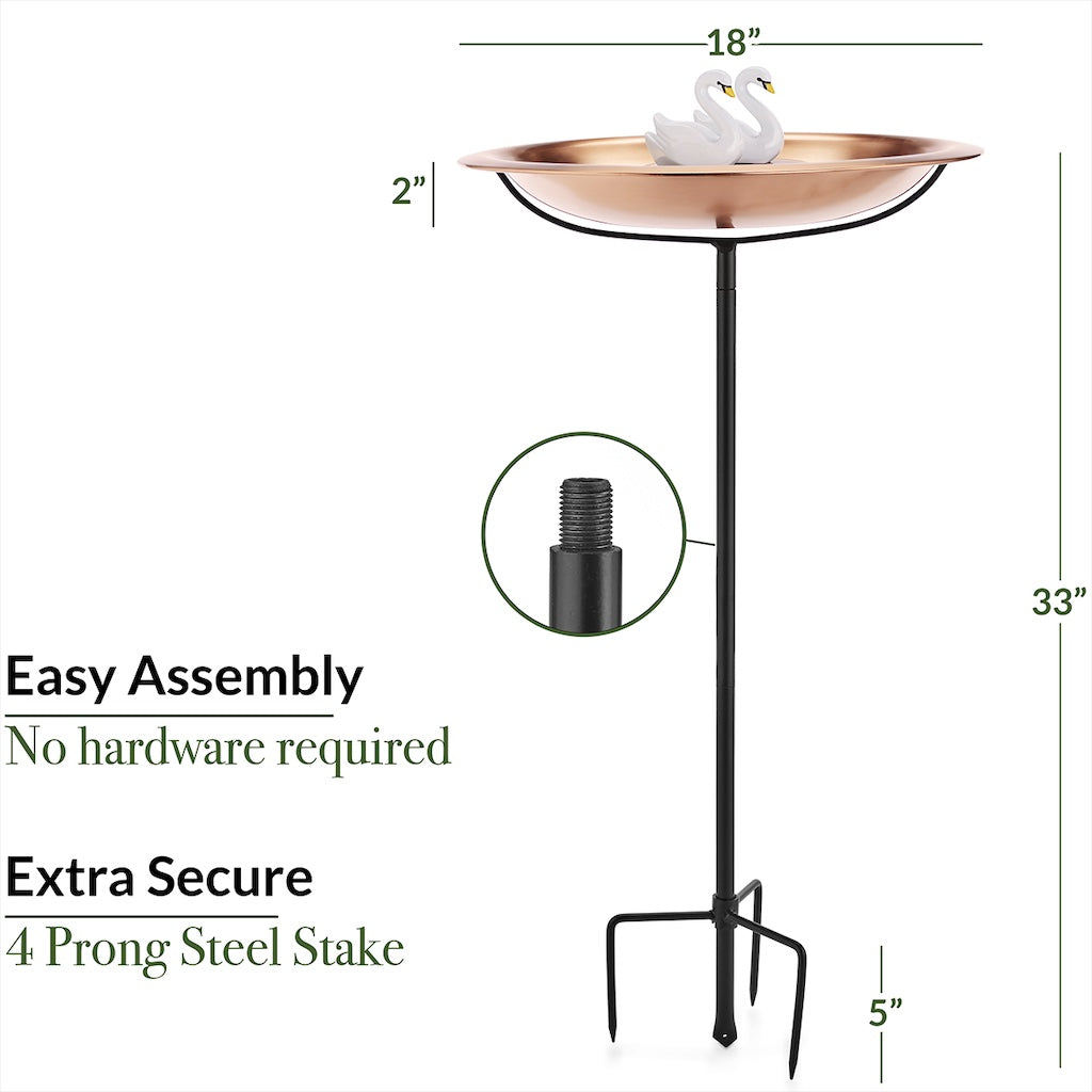 18-inch Matte Copper Bird Bath with Swans and Garden Pole