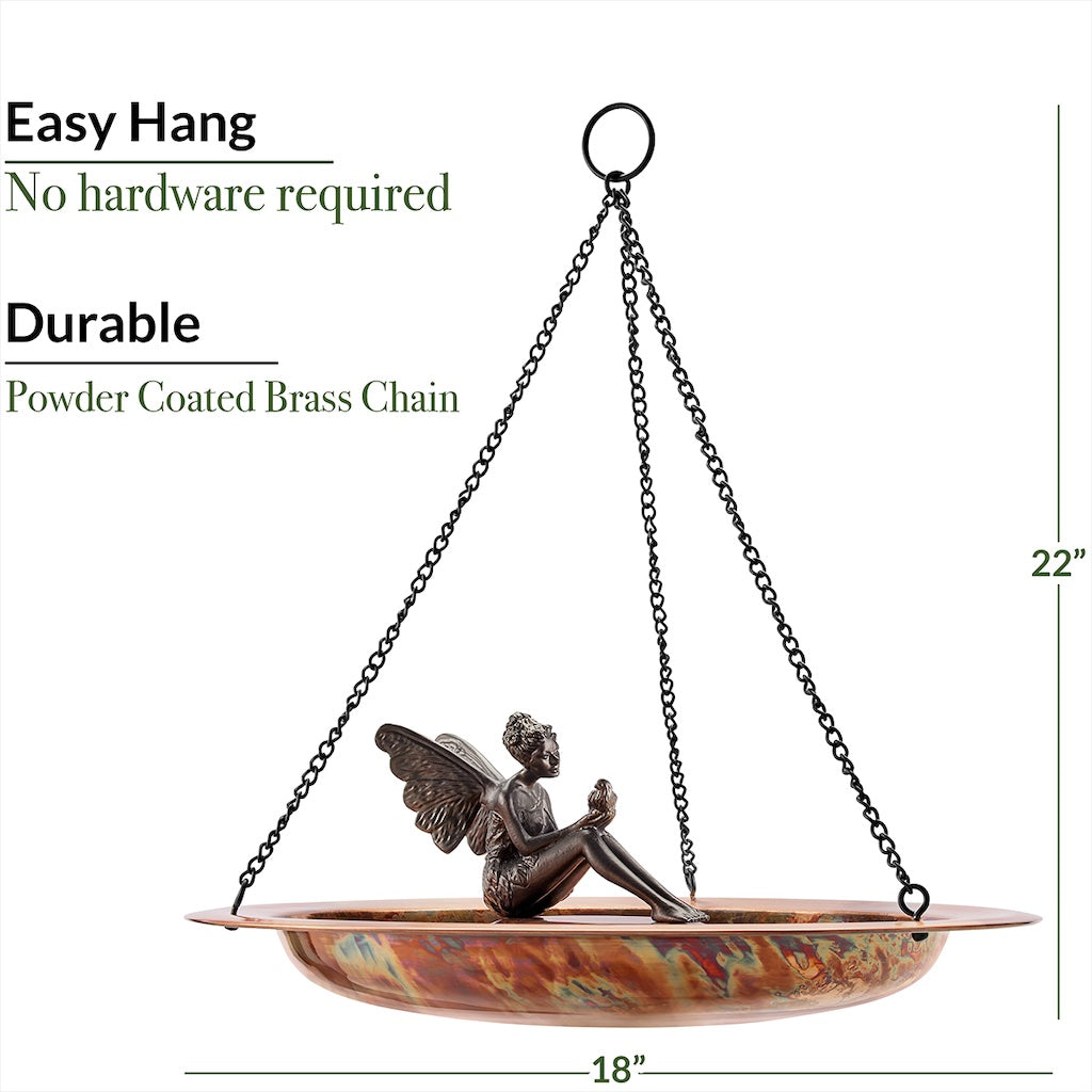 18-inch Hanging Fired Copper Bird Bath with Fairy