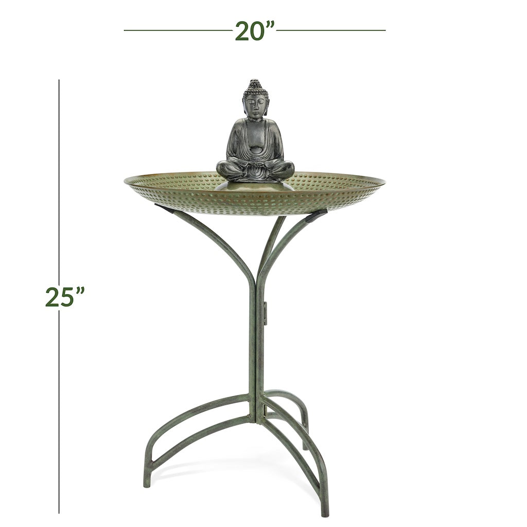 20-inch Blue Verde Copper Bird Bath with Buddha