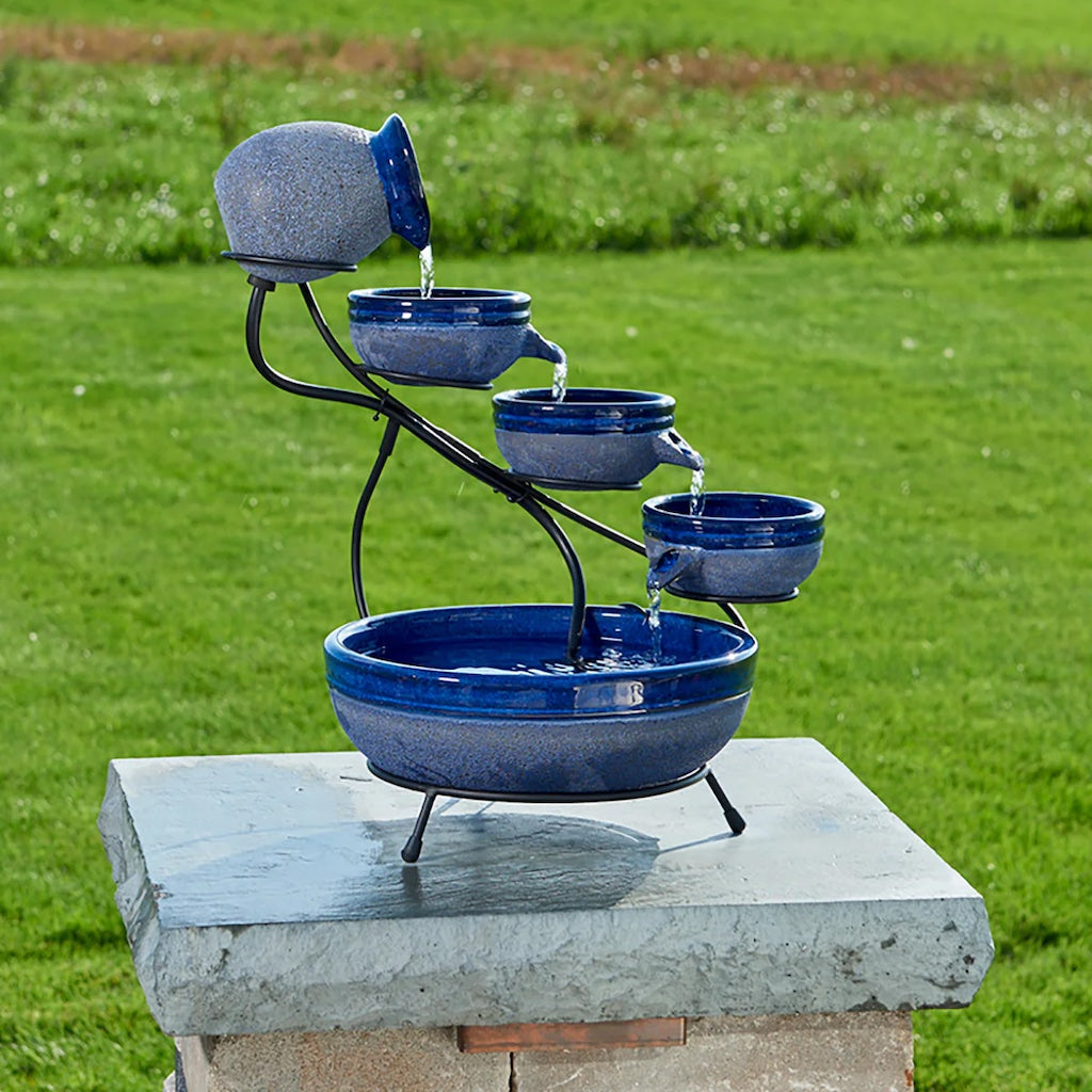 Ceramic Solar Cascade Fountain in Blueberry