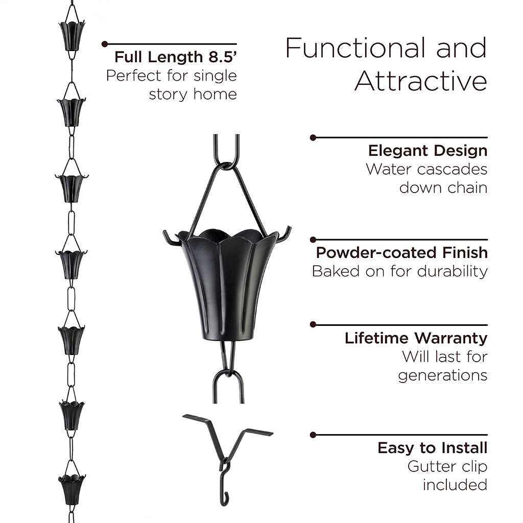 Fluted Flower Black 8.5ft. Rain Chain