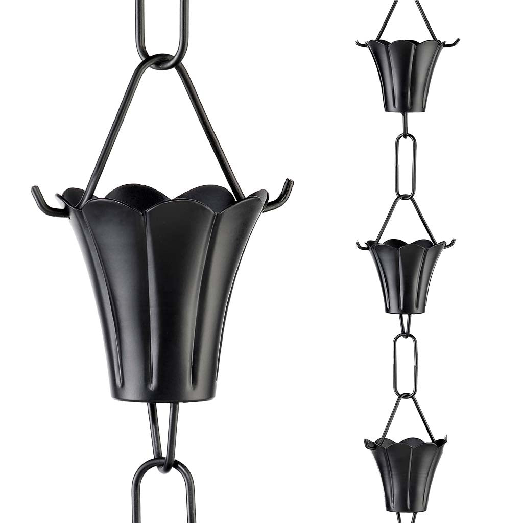 Fluted Flower Black 8.5ft. Rain Chain