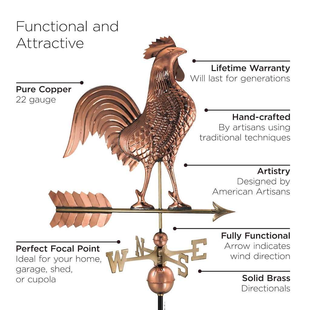 Large Rooster Weathervane in Pure Copper