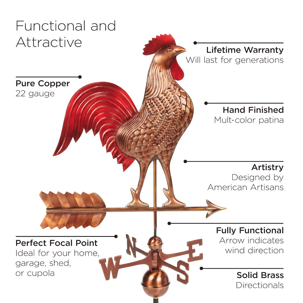 Large Rooster Weathervane in Pure Copper Multi-Color Patina