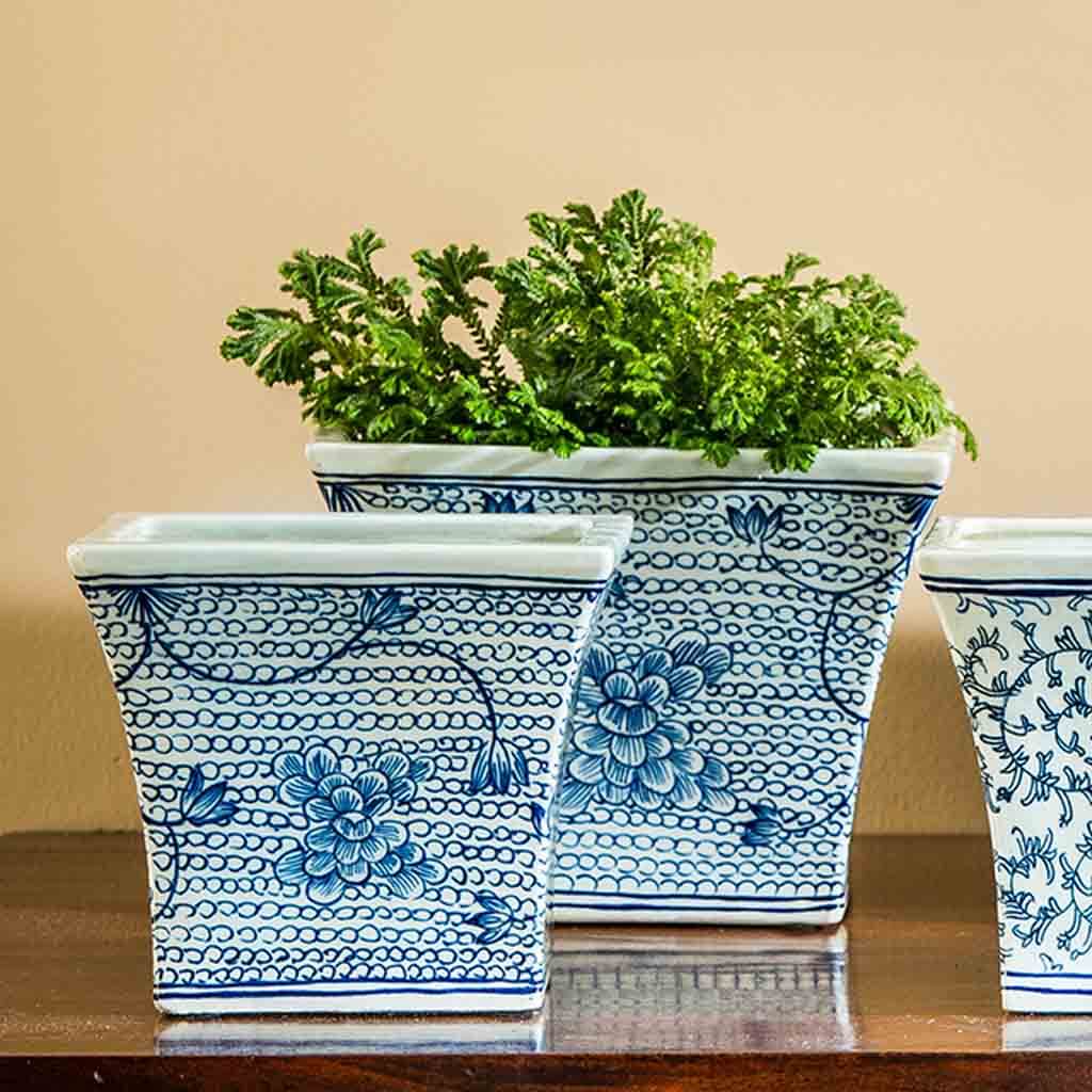 Square Flared Planter || Blue and White Mix