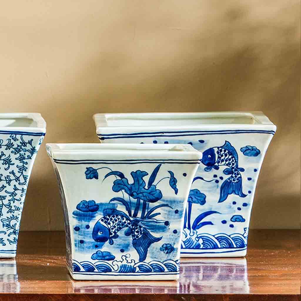 Square Flared Planter || Blue and White Mix