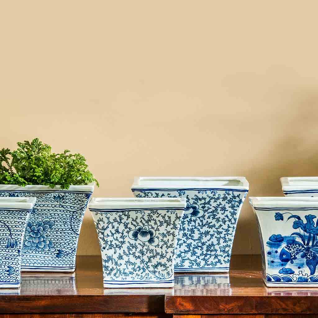 Square Flared Planter || Blue and White Mix