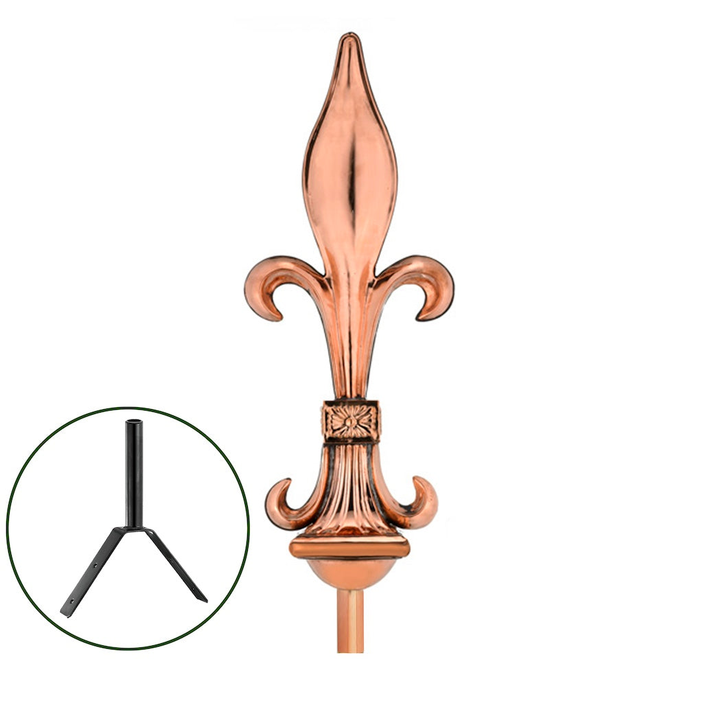 Fleur-De-Lis Pure Copper Rooftop Finial with Roof Mount