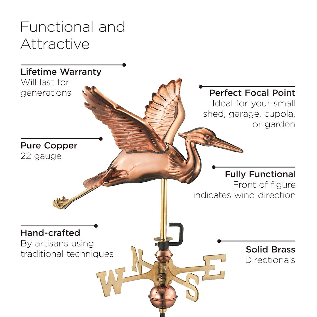 Blue Heron Garden Weathervane in Pure Copper with Garden Pole
