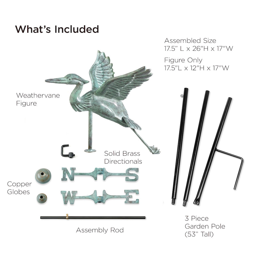 Blue Heron Garden Weathervane in Blue Verde Copper with Garden Pole