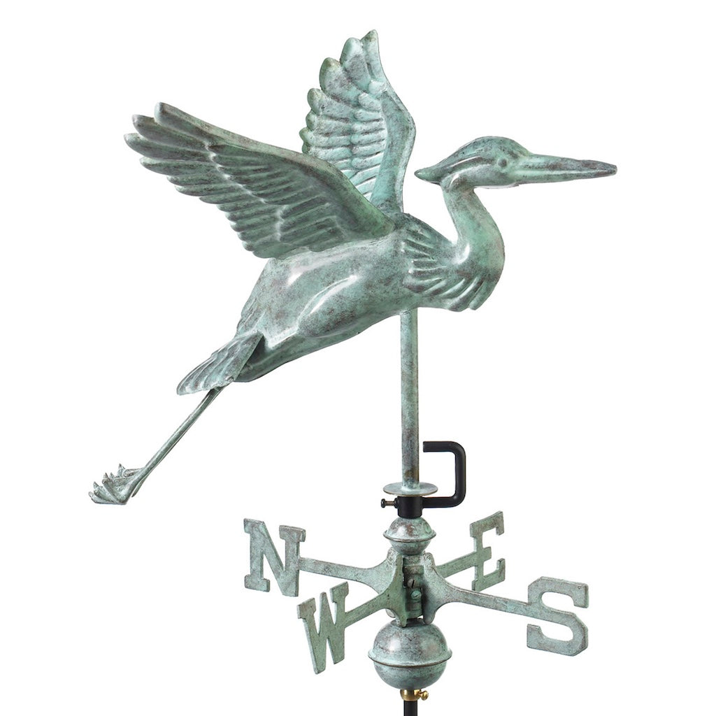 Blue Heron Garden Weathervane in Blue Verde Copper with Garden Pole