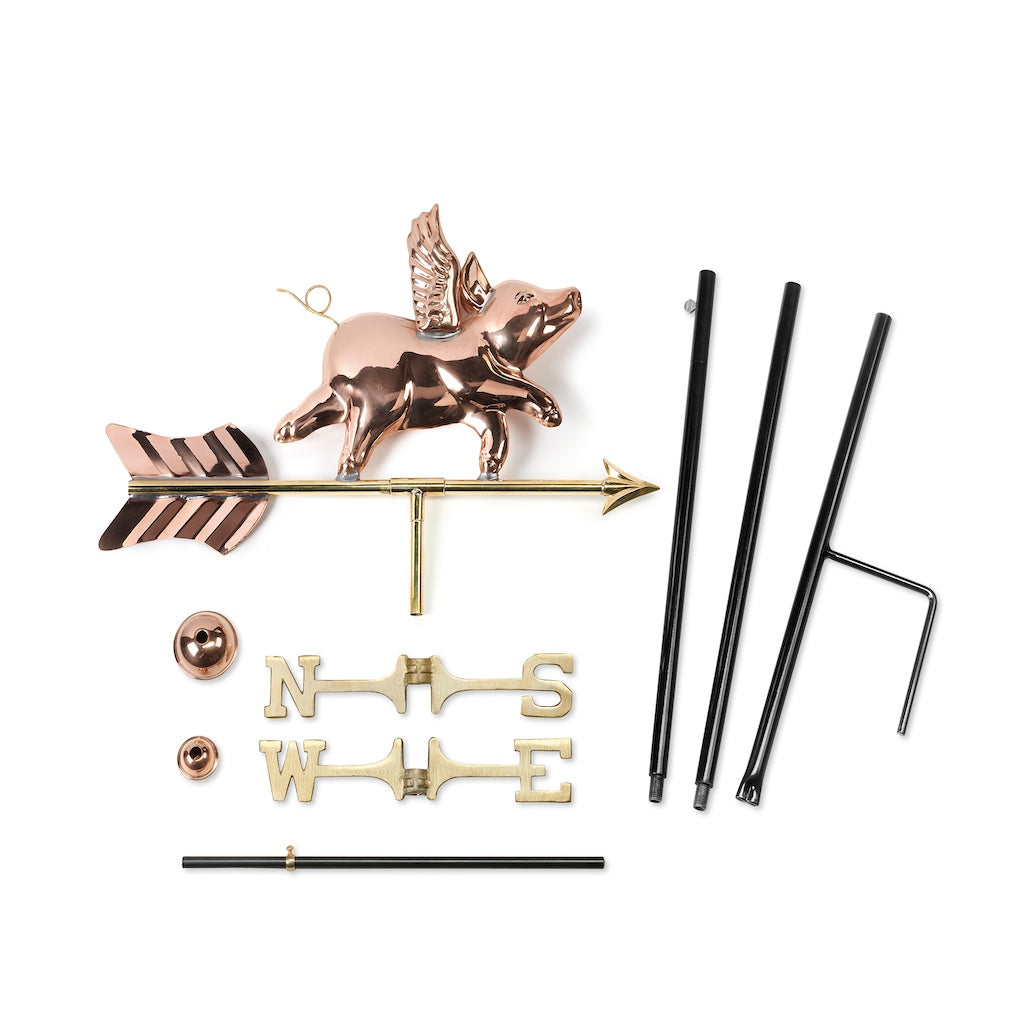 Flying Pig Garden Weathervane in Pure Copper with Garden Pole