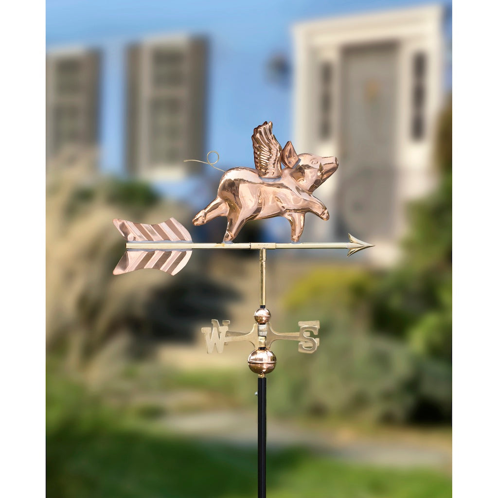 Flying Pig Garden Weathervane in Pure Copper with Garden Pole