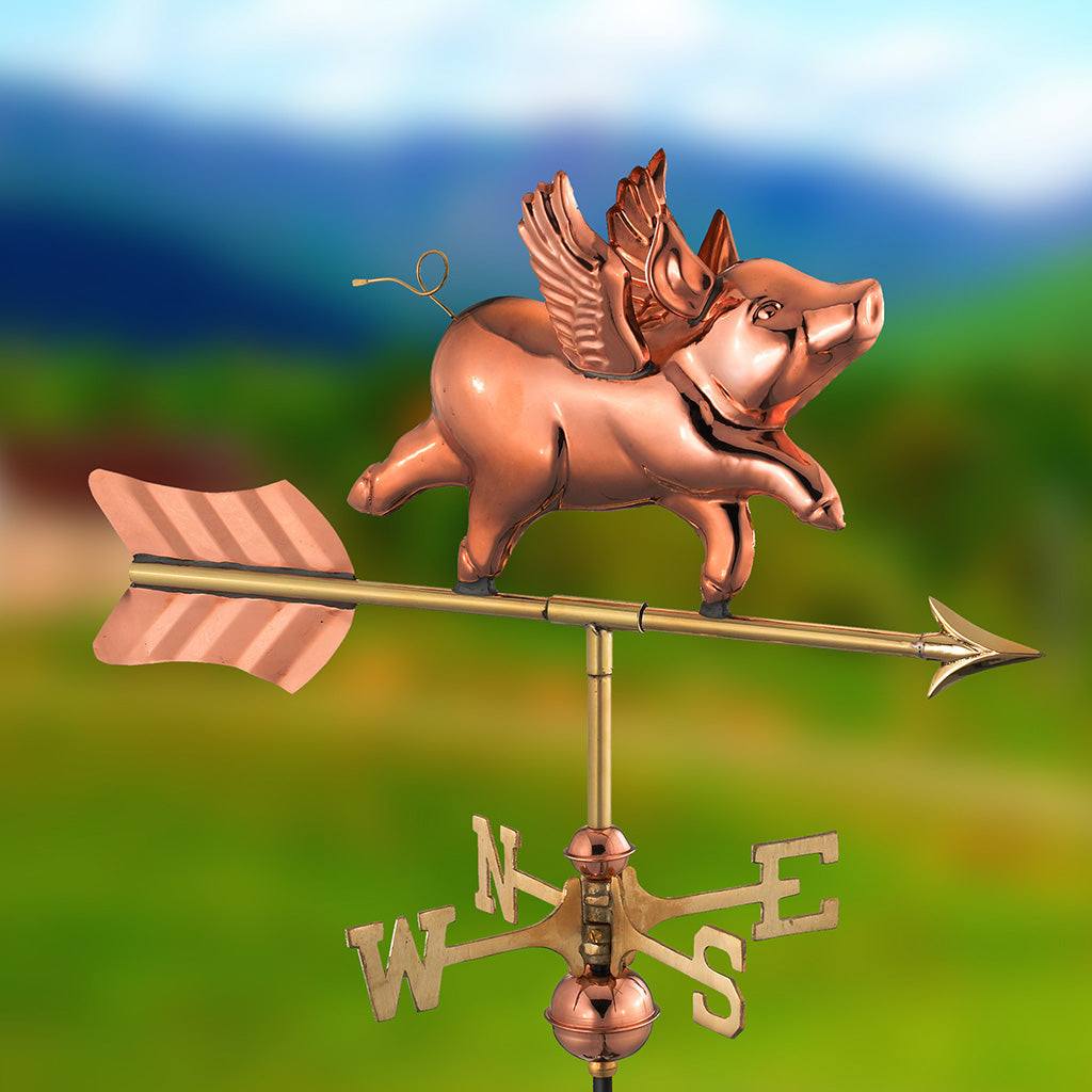 Flying Pig Cottage Weathervane in Pure Copper with Roof Mount