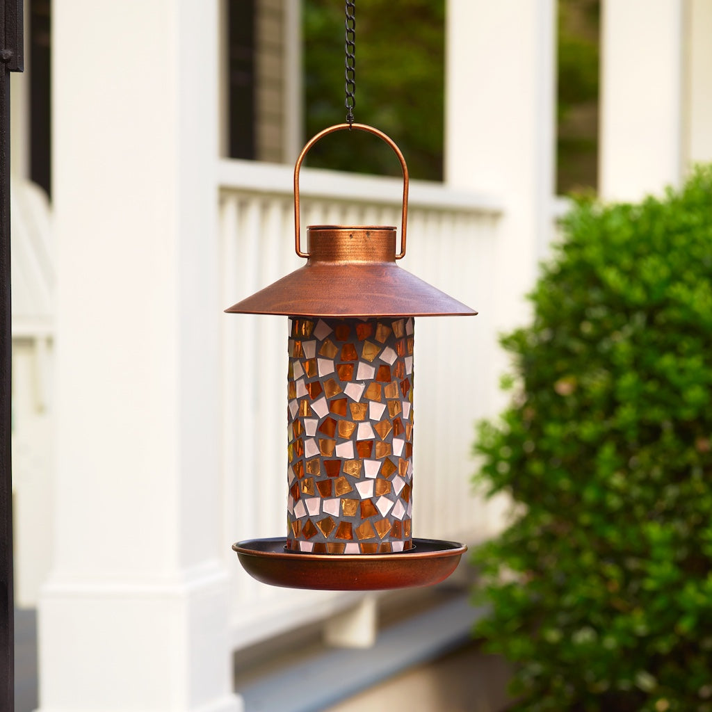 Adelie Mosaic Glass Solar Bird Feeder in Copper