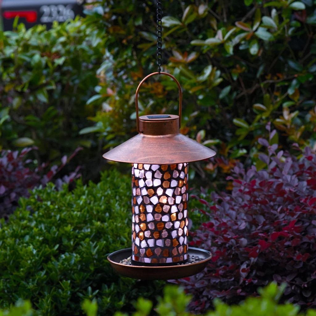 Adelie Mosaic Glass Solar Bird Feeder in Copper