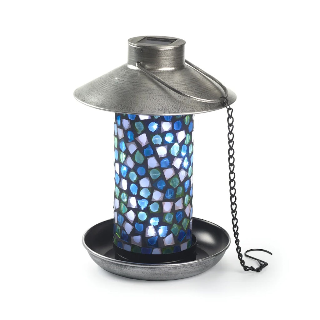 Adelie Mosaic Glass Solar Bird Feeder in Pewter