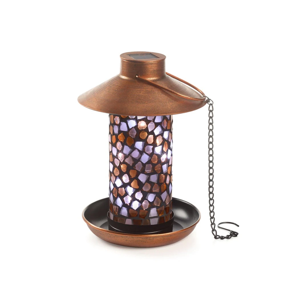Adelie Mosaic Glass Solar Bird Feeder in Copper
