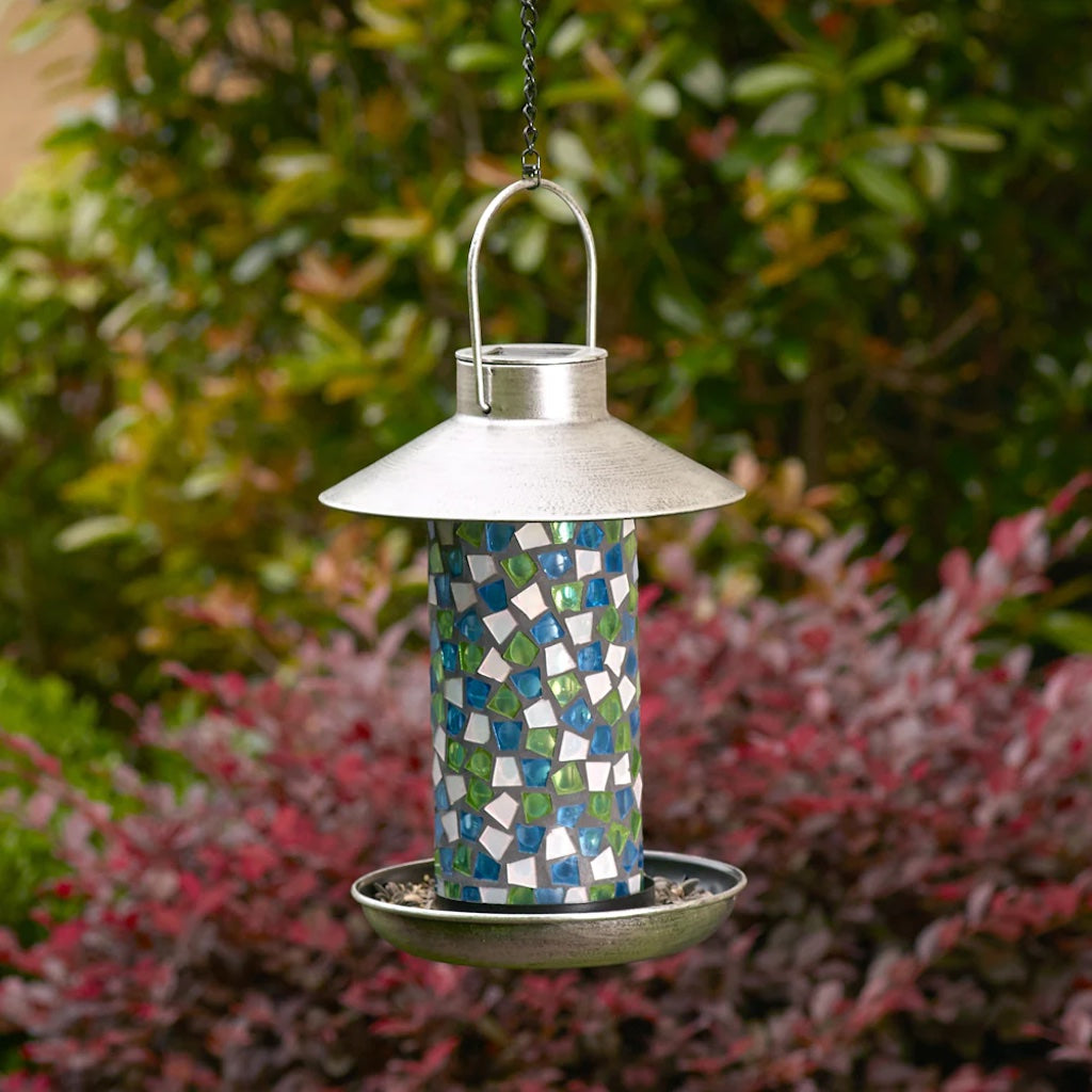 Adelie Mosaic Glass Solar Bird Feeder in Pewter