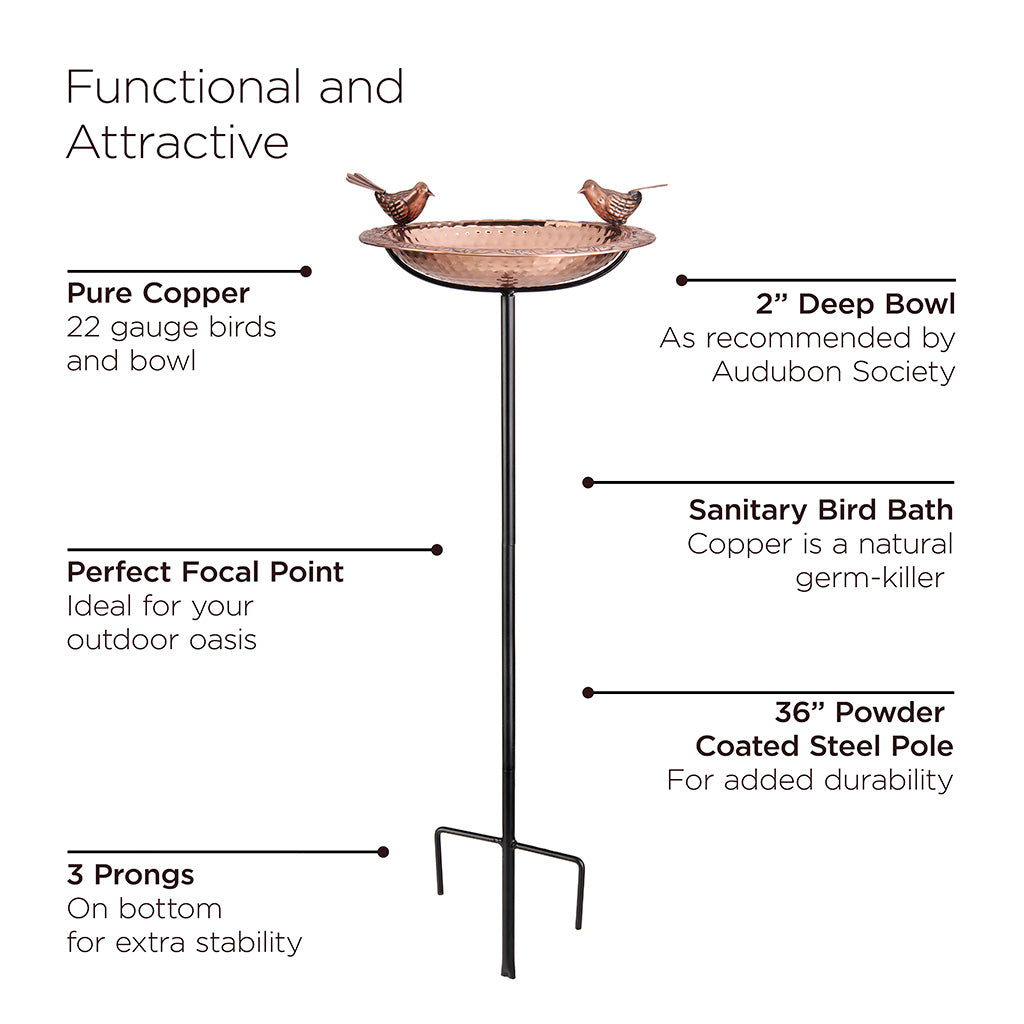 13.5-inch Copper Bird Bath with Birds on Garden Pole