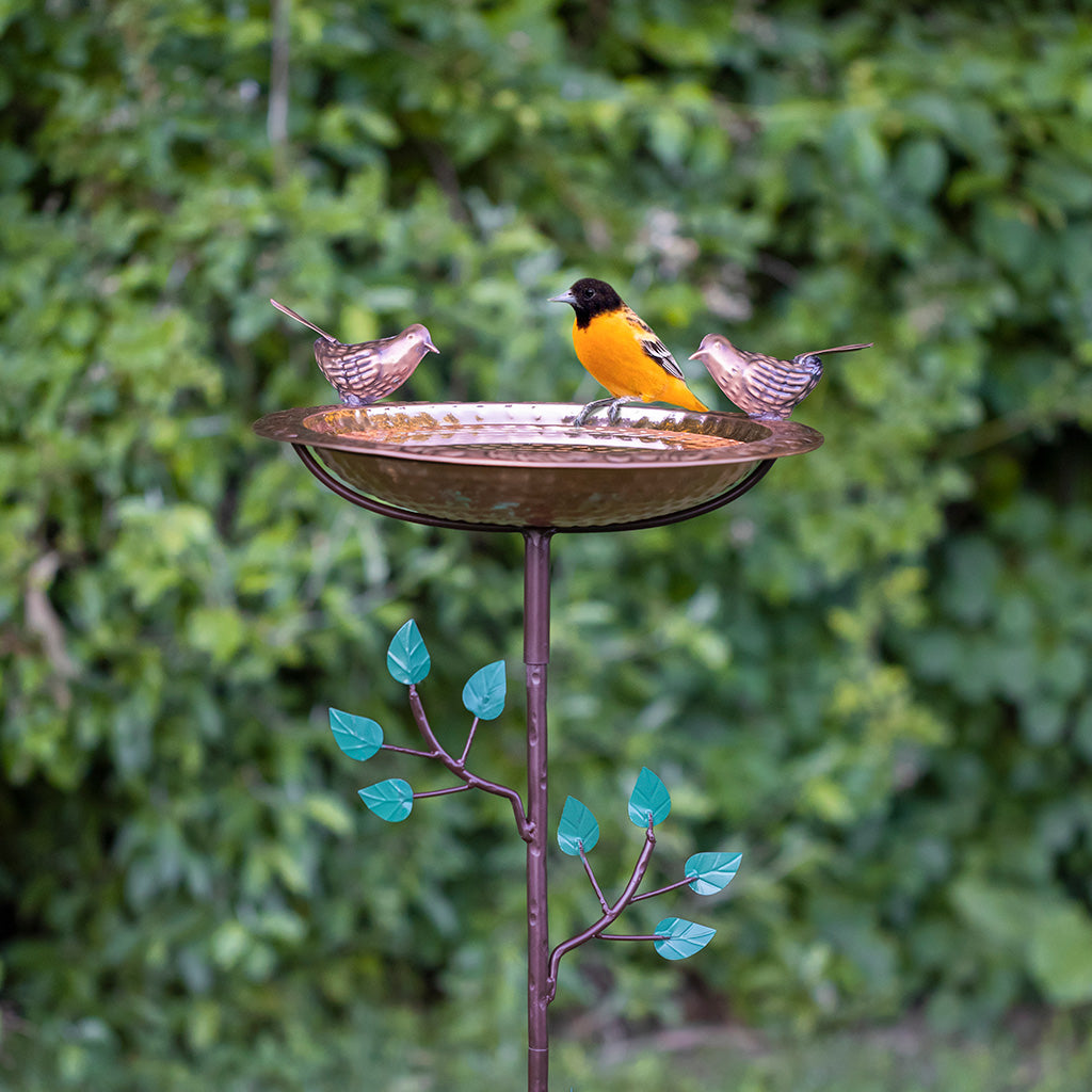 13.5-inch Copper Bird Bath with Birds on Deco Garden Pole