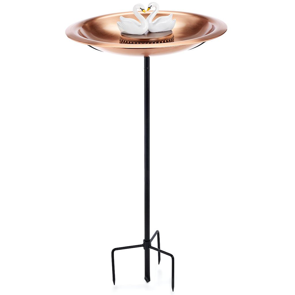 18-inch Matte Copper Bird Bath with Swans and Garden Pole