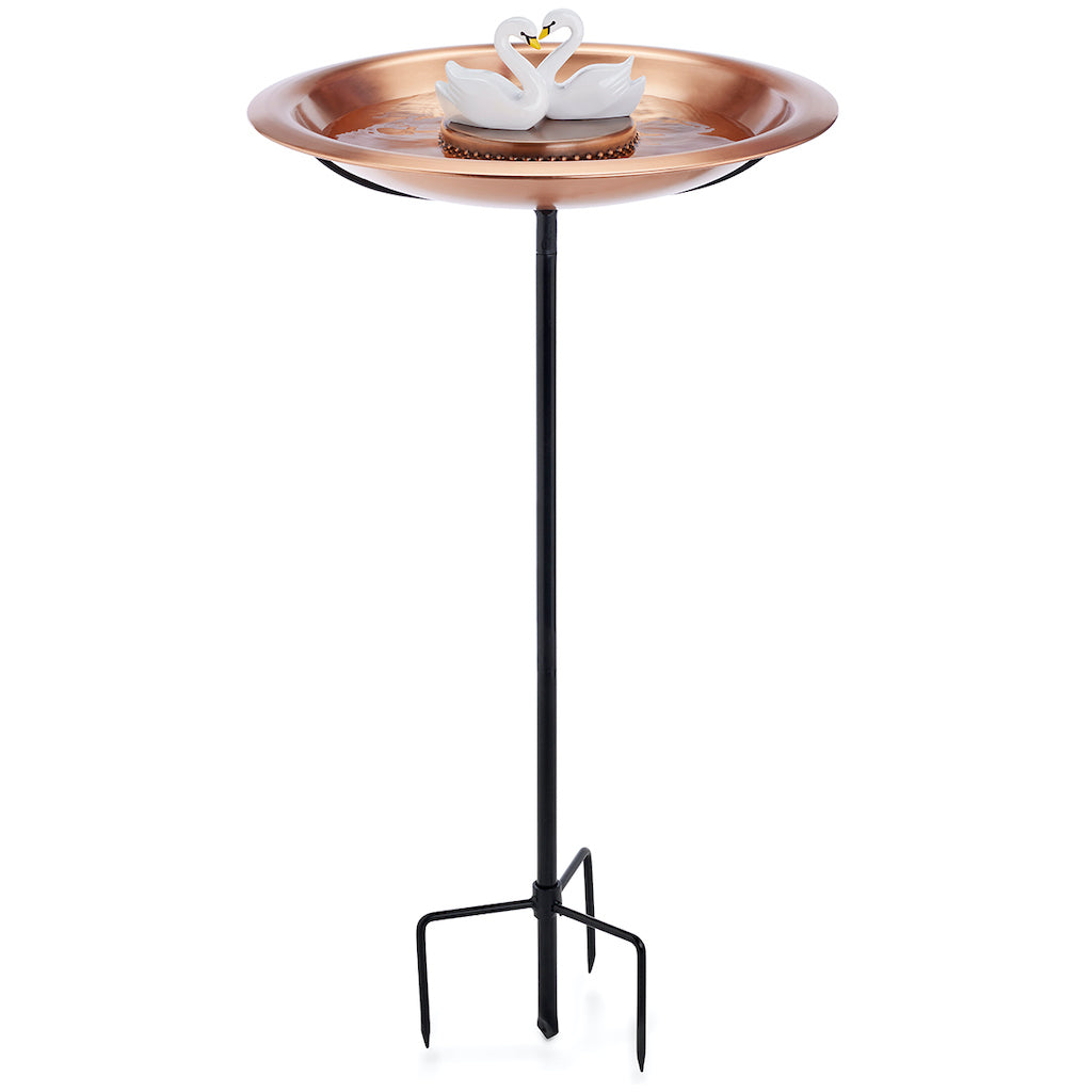 18-inch Matte Copper Bird Bath with Swans and Garden Pole