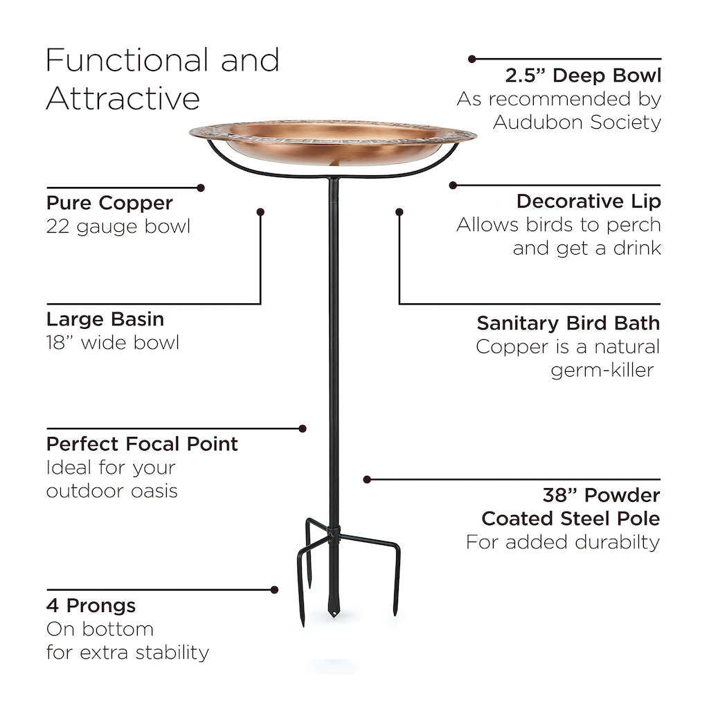 18-inch Greek Copper Bird Bath with Garden Pole