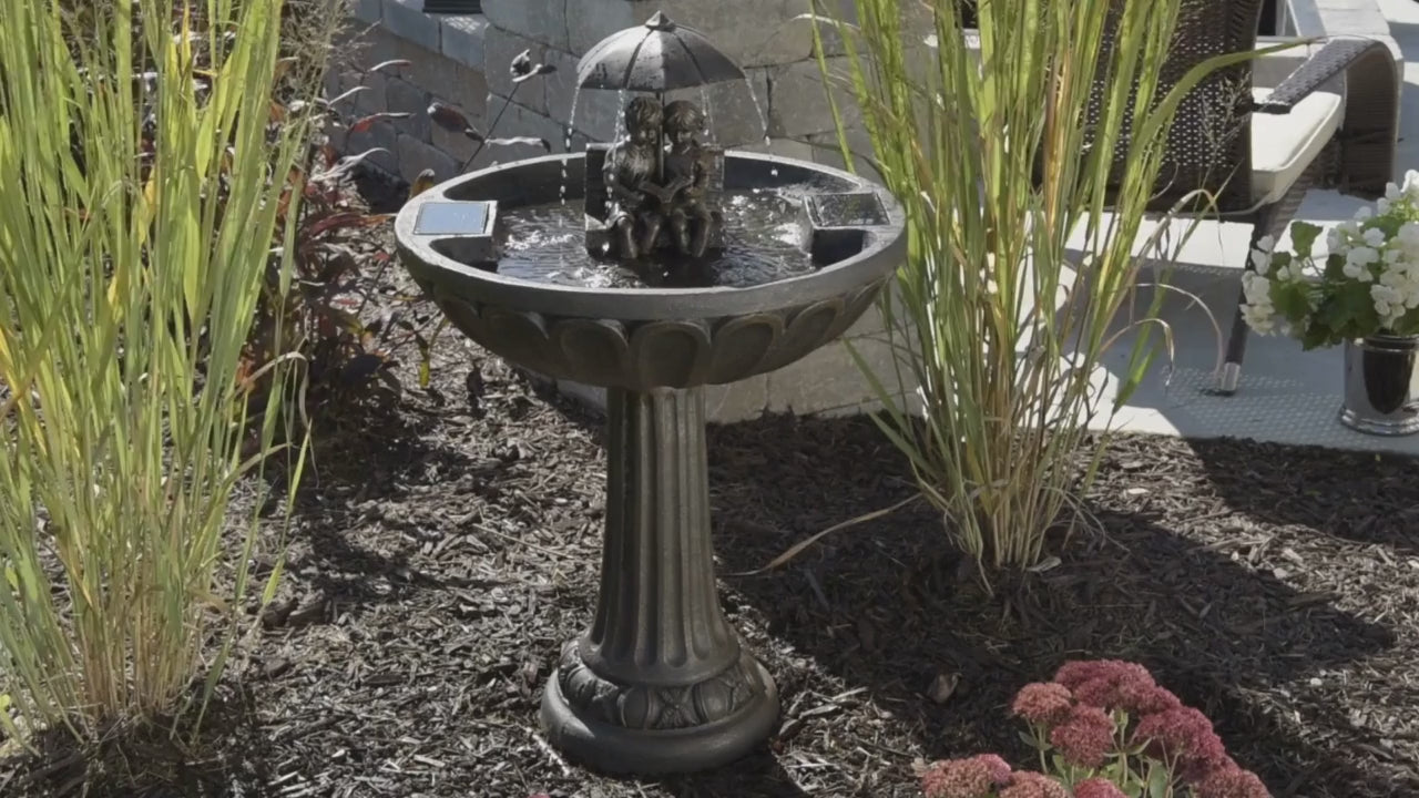 Umbrella Solar Fountain with a Boy & Girl on Bench
