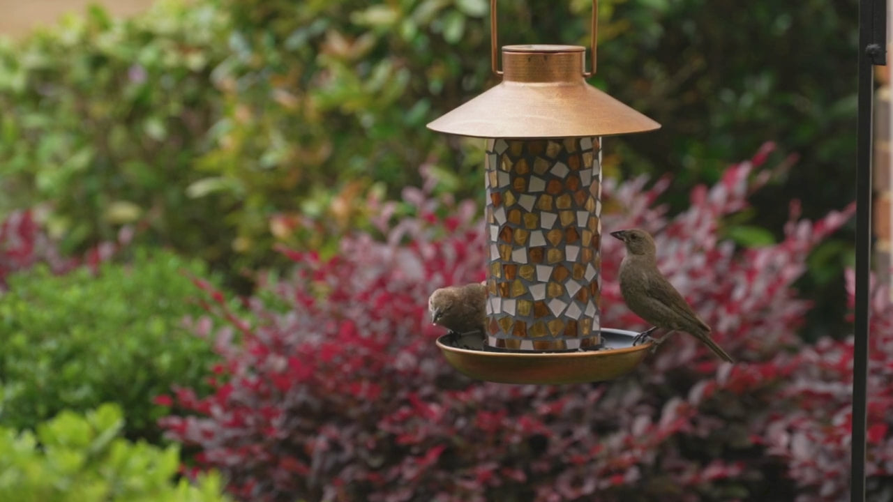 Adelie Mosaic Glass Solar Bird Feeder in Copper